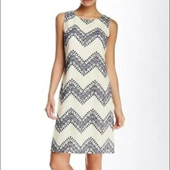 Eliza J Dresses & Skirts - Eliza J Sleeveless Pointelle Knit Shift Dress Size 4 Ivory & Blue Chevron